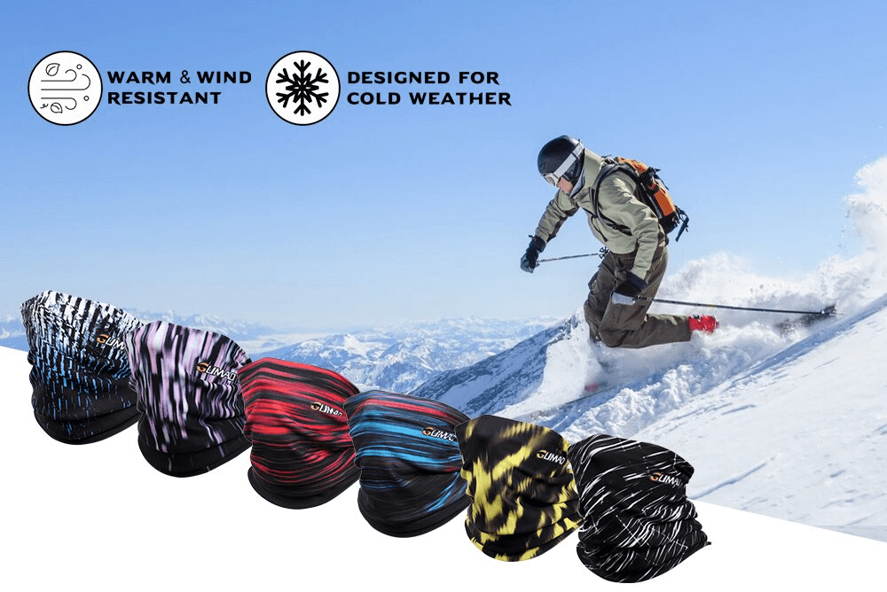 Thermal Fleece Motorcycle Face Mask SF0900 in various colors with skier in background, wind-resistant and perfect for cold weather.